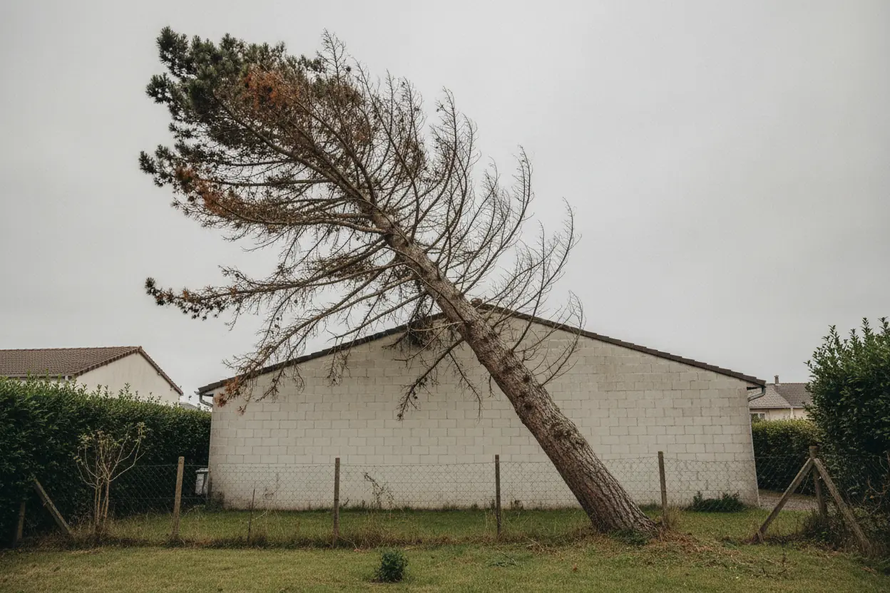 Pin maritime penché sur une clôture avant abattage à Bayonne
