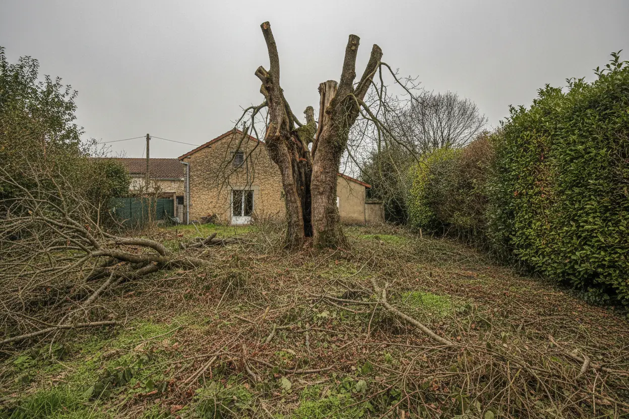 Arbre fendu et jardin encombré de branches avant abattage à Bayonne