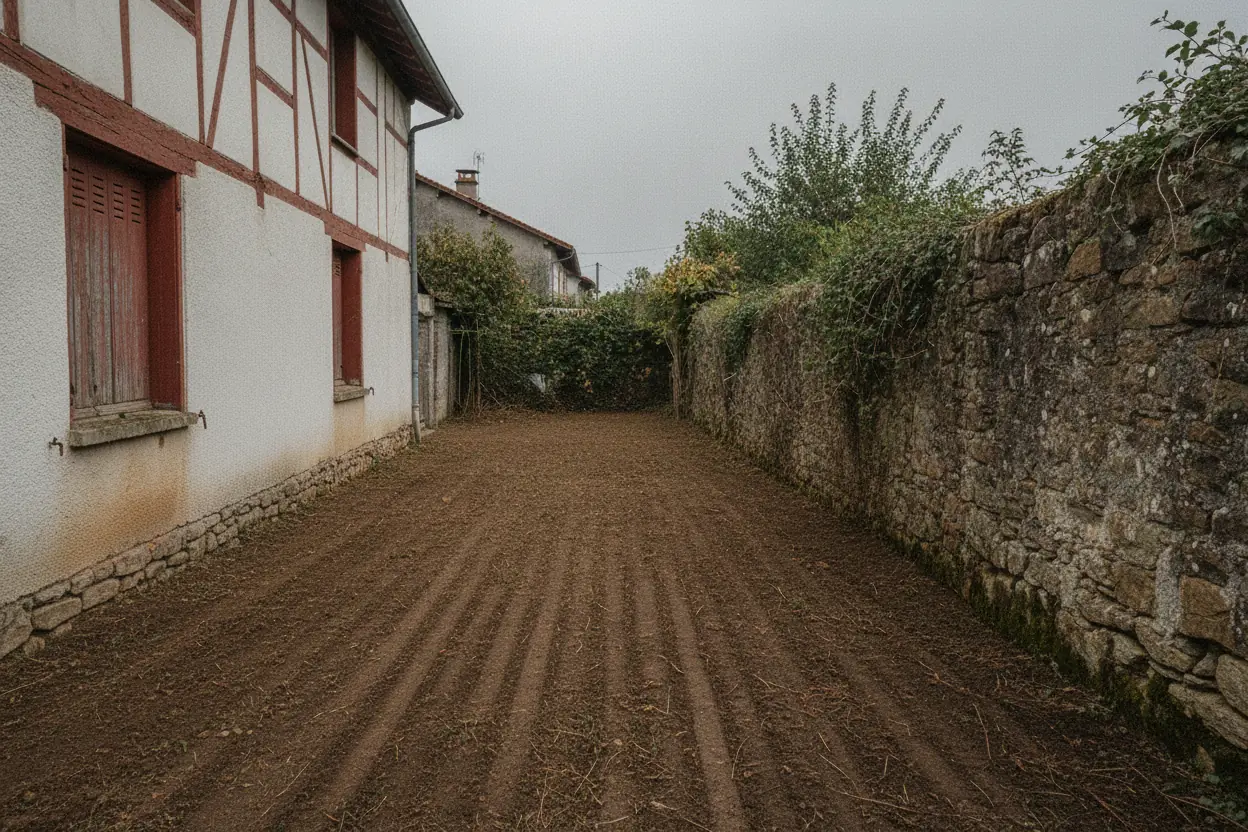 Passage étroit dégagé et ratissé après débroussaillage à Bayonne