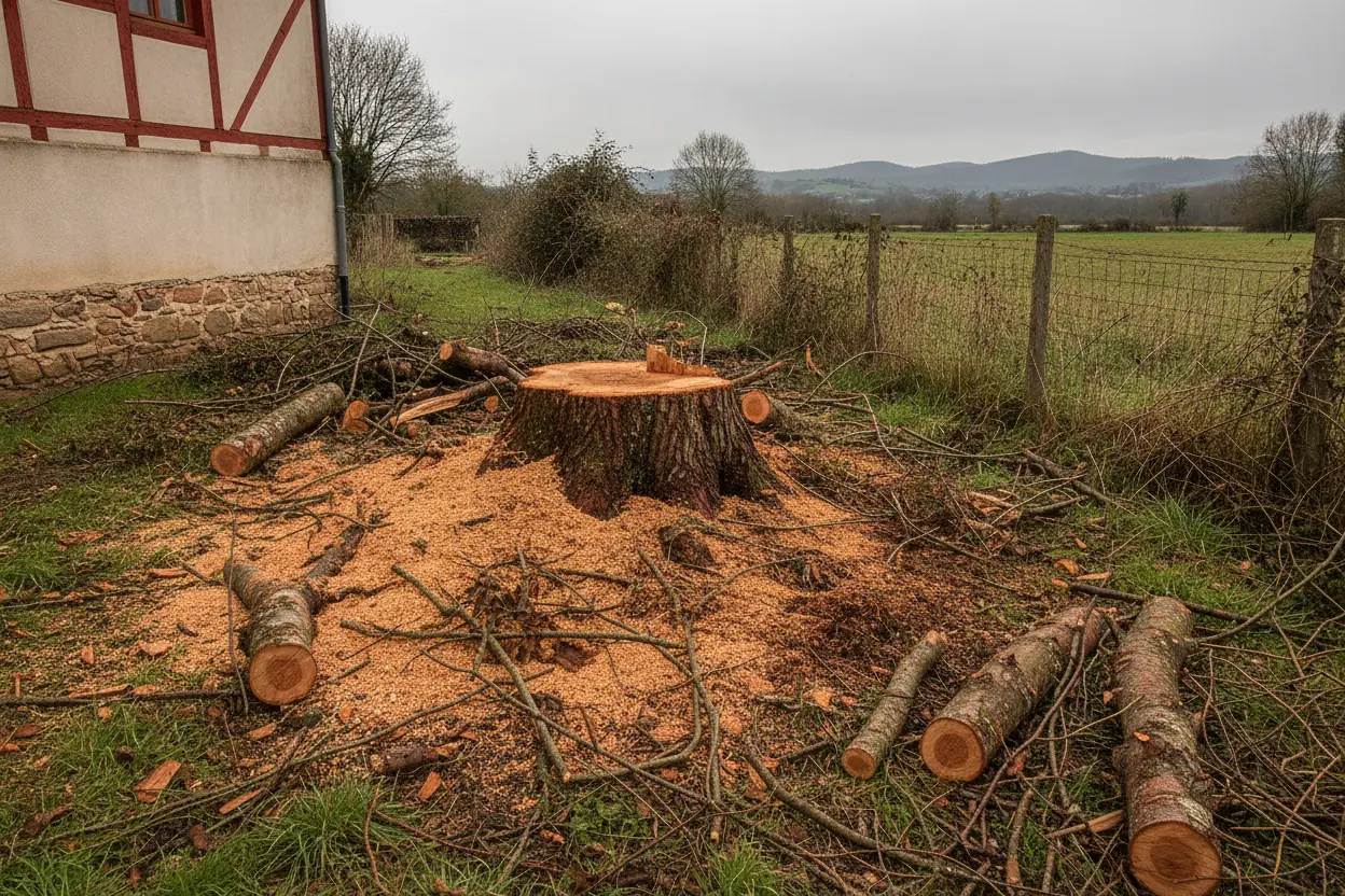 Souche fraîche entourée de copeaux, billons et branches après abattage avant dessouchage à Bayonne