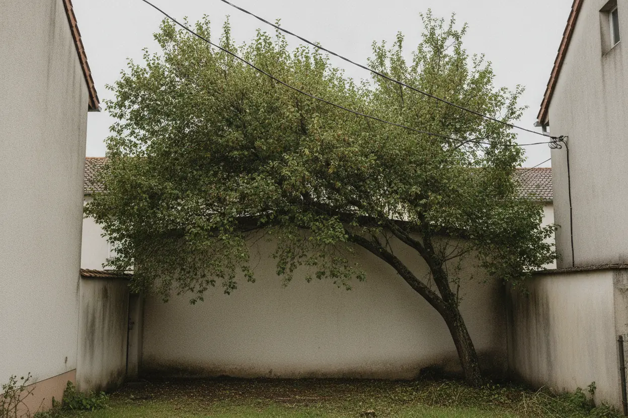 Arbre penché contre une façade et des câbles dans une cour étroite avant élagage à Bayonne
