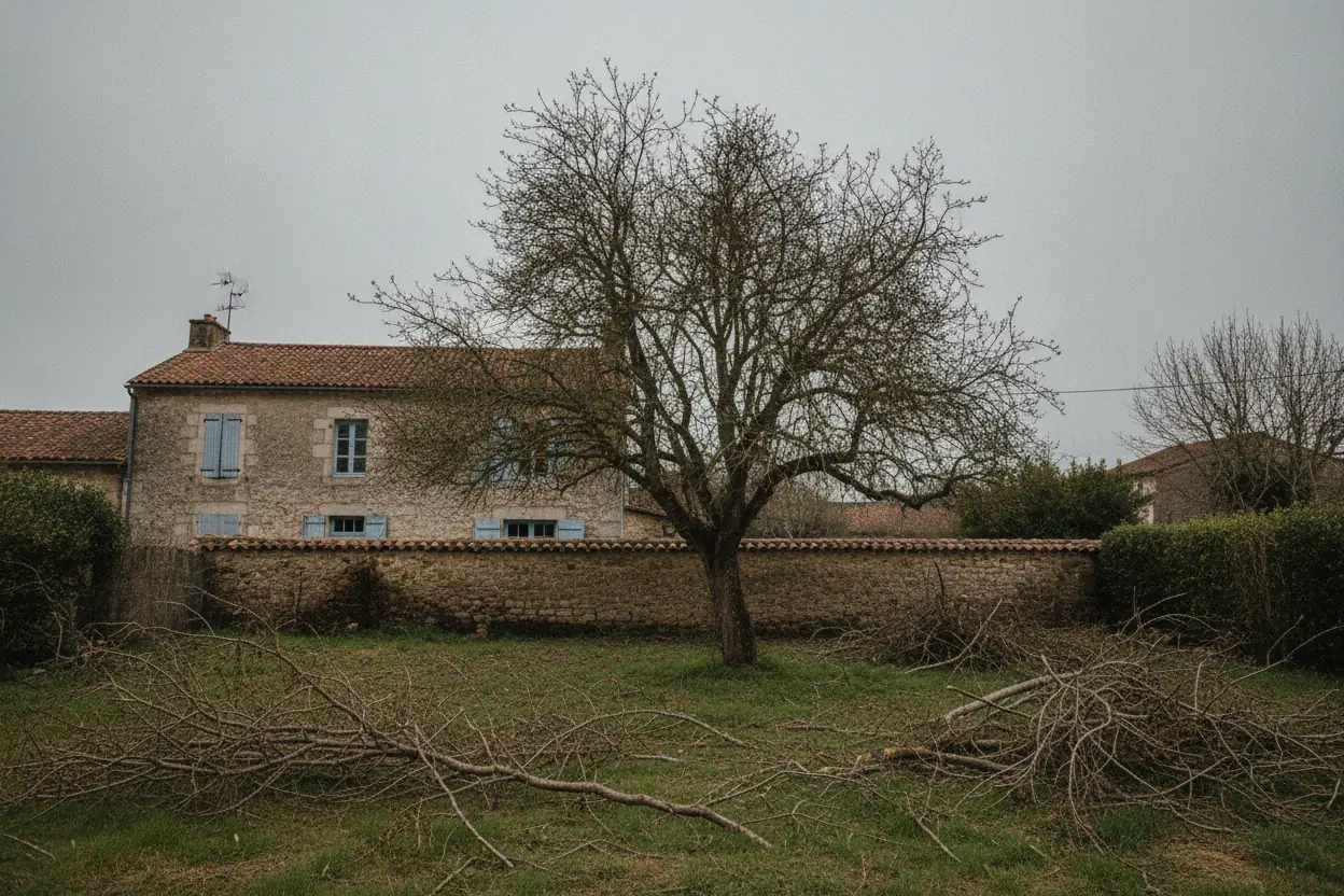 Arbre à tailler avec branches coupées au sol devant une ferme en pierre avant élagage à Bayonne