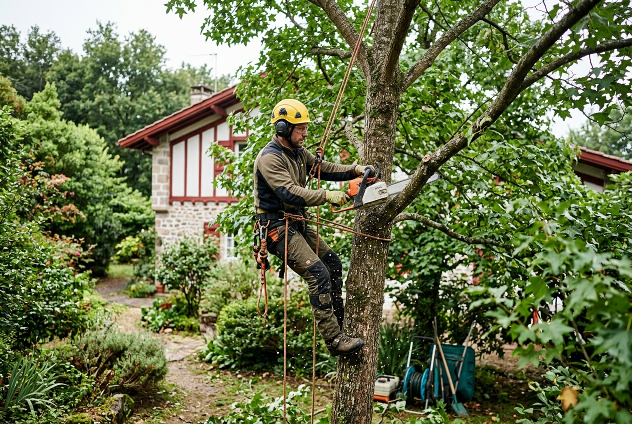 Élagueur taillant un platane dans un jardin bayonnais