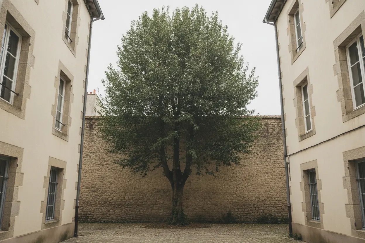 Arbre coincé entre deux bâtiments en pierre dans une cour étroite avant démontage à Bayonne