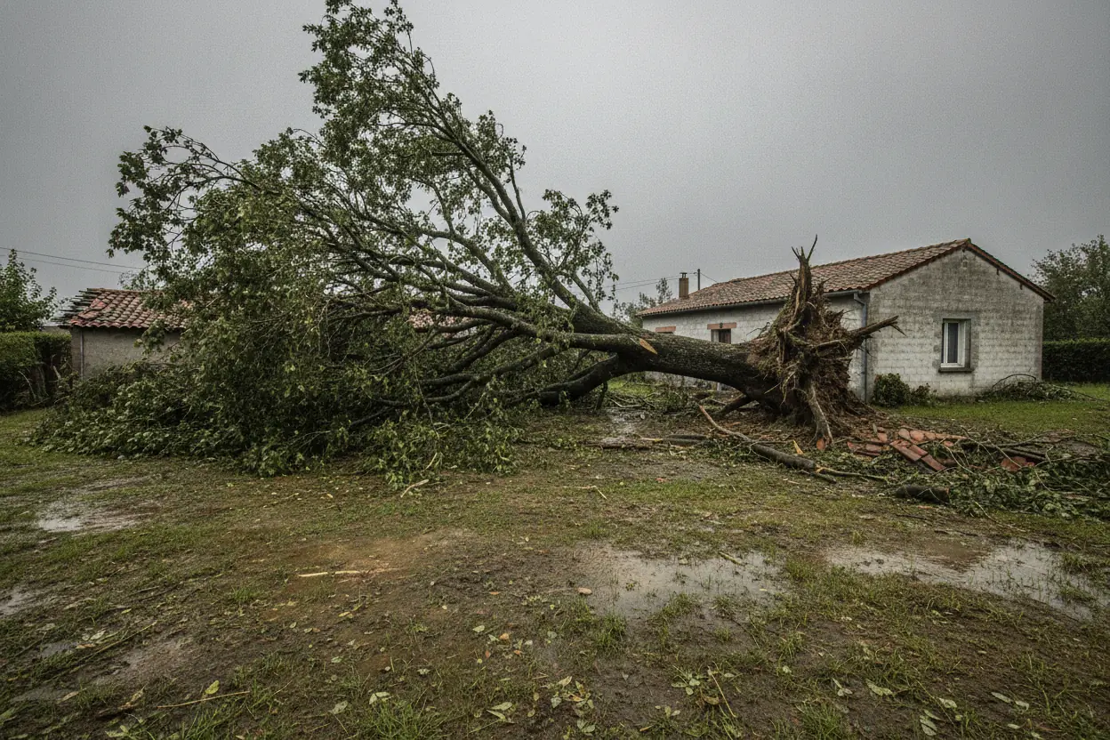 Arbre déraciné couché en travers d'un terrain de campagne avec branchages au sol avant intervention à Bayonne