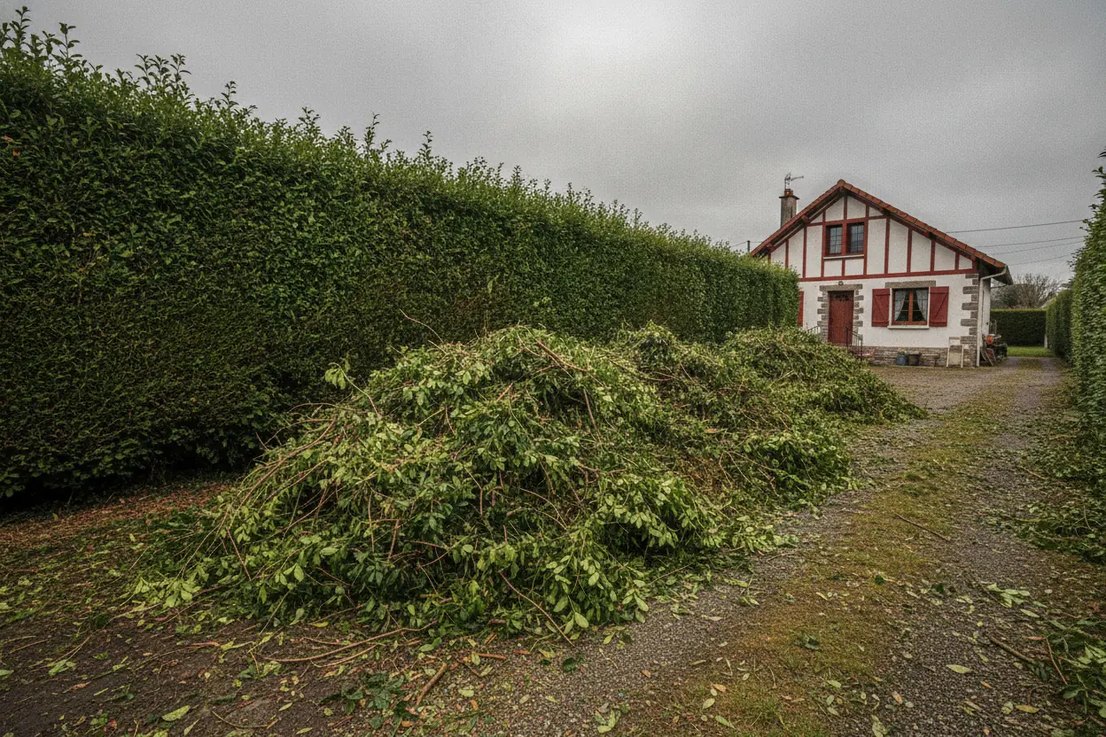 Gros tas de branches et de tailles de haie au pied d'une haie fraîchement taillée avant évacuation à Bayonne