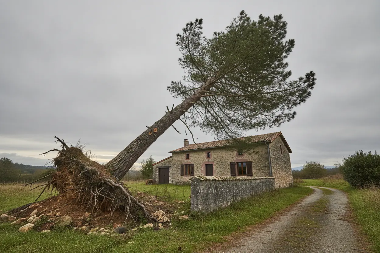 Pin penché et déraciné menaçant une maison de pierre avant abattage à Bassussarry
