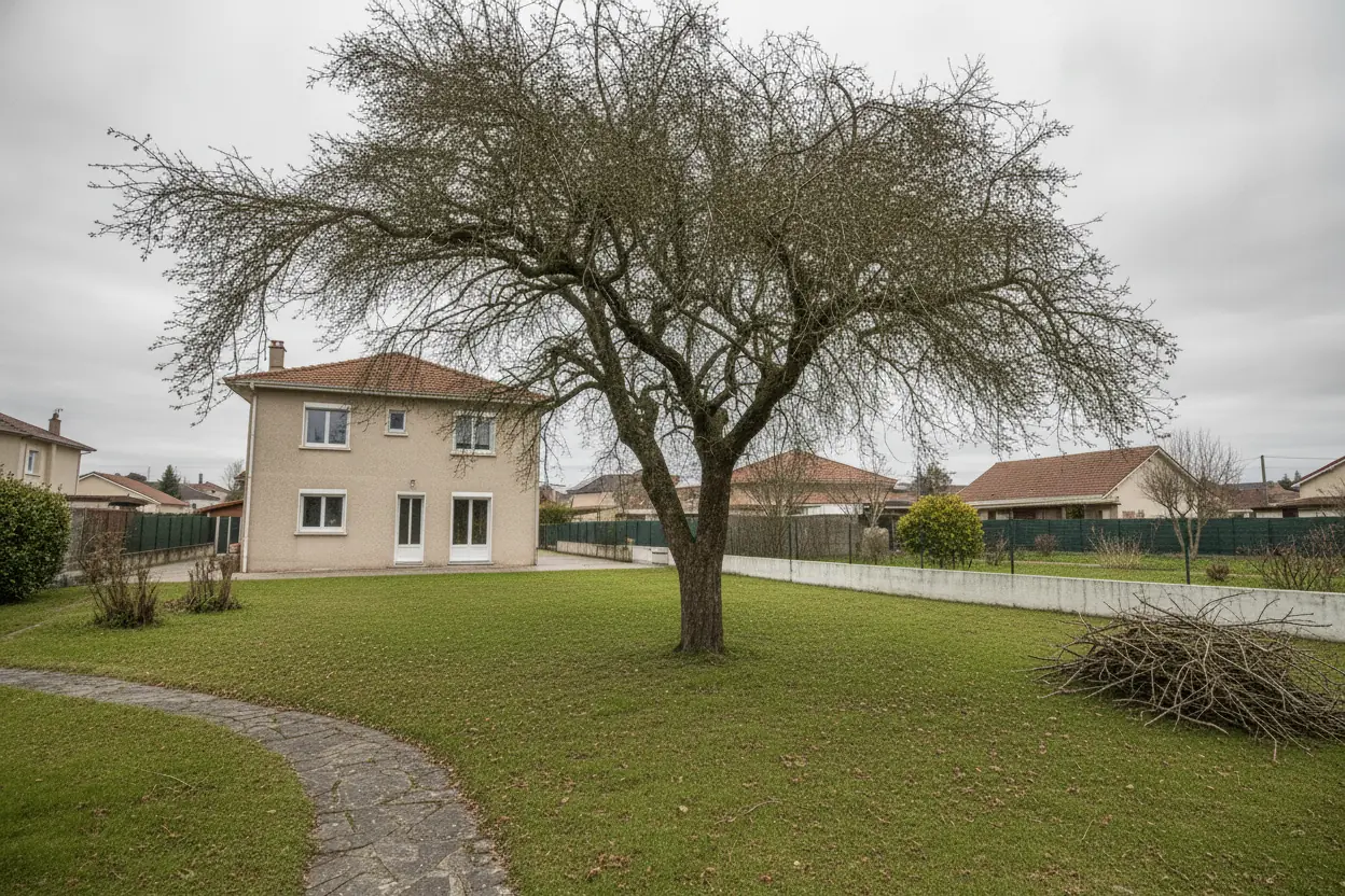 Même arbre taillé et éclairci après élagage à Boucau, pelouse et allée nettoyées
