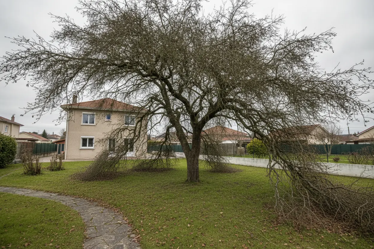 Arbre d'ornement au houppier encombré avant élagage dans un jardin pavillonnaire de Boucau