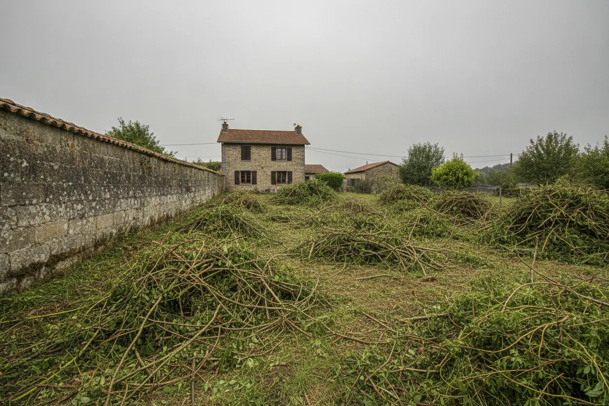 Terrain encombré de tas de branches et déchets verts avant nettoyage à Saint-Pierre-d'Irube