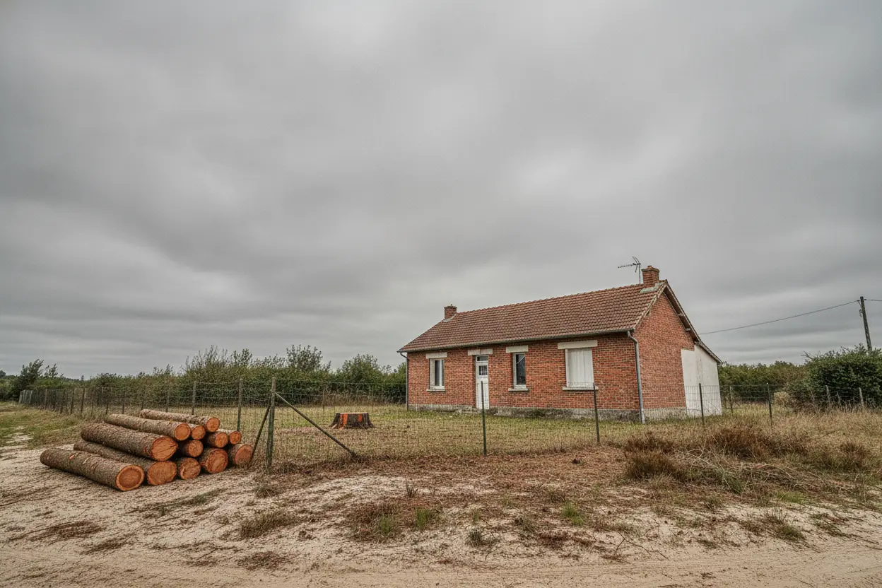 Terrain sécurisé avec souche rase et grumes rangées après démontage du pin à Tarnos